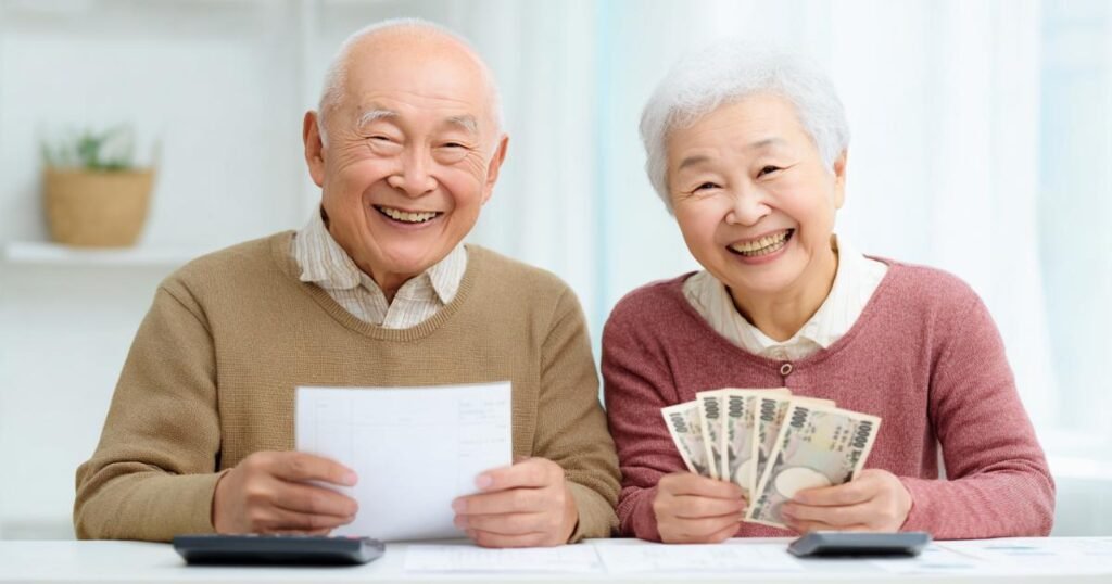 2025년 기초연금 인상 안내 - 행복한 한국 노년 부부가 연금 서류를 보며 만족스러워하는 모습